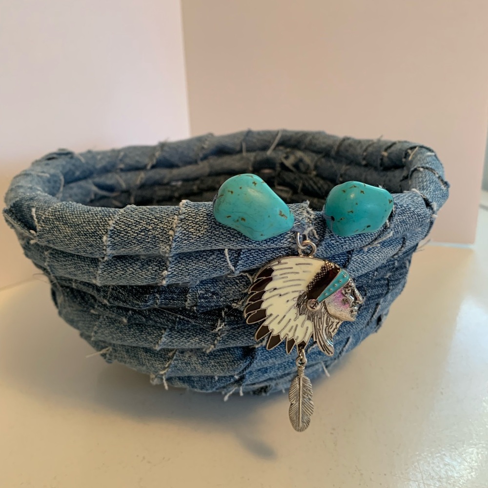 Handmade Reclaimed Denim Wrapped Rope Bowl, with Chief and faux turquoise, 4"